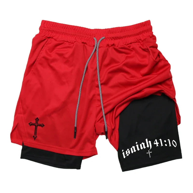 Men's BiBible patterned two-in-one sports shorts Christian fitness training mobile phone pocket running