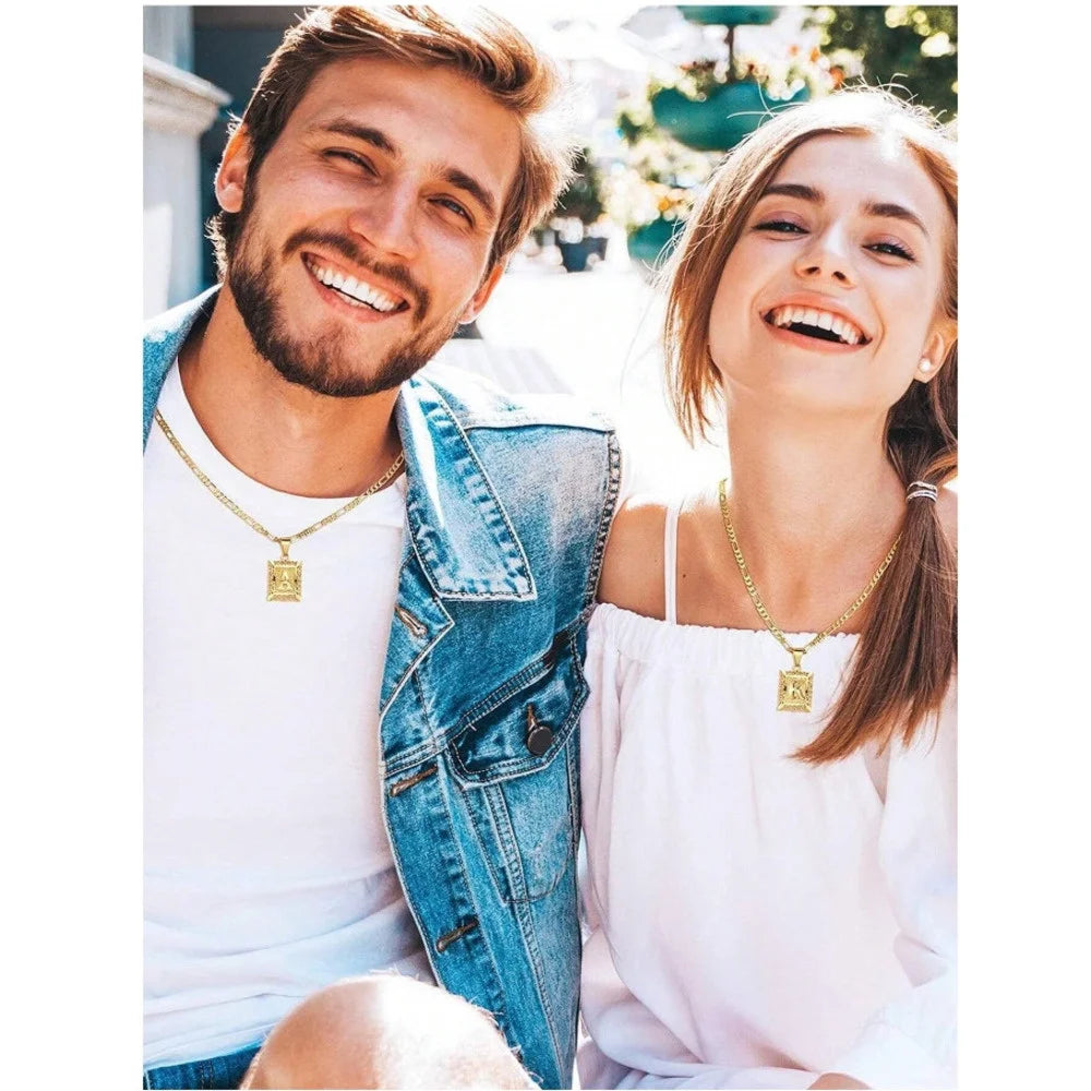 Initial Necklace Square Letter Pendant Necklace Capital Monogram Necklace Alhpabets From A-Z Figaro Chain Necklace