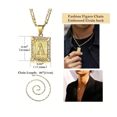 Initial Necklace Square Letter Pendant Necklace Capital Monogram Necklace Alhpabets From A-Z Figaro Chain Necklace