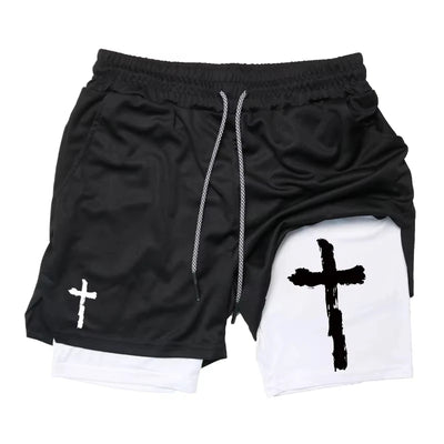 Summer New Shorts Man Cross Bible Print Gym Fitness Shorts Women's Sports Double-layer 2-in-1 Pant Quick-Drying Beach Shorts Y2k