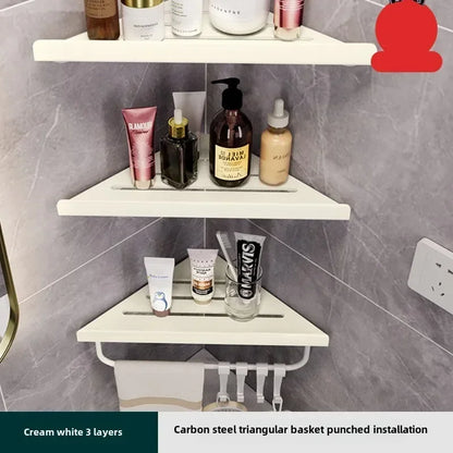 Bathroom Stainless Triangle Drain Shelf No Drilling Wall Mounted Cosmetic and Toiletries Carbon Steel Shelf with Hooks Holder