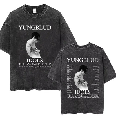 Washed Vintage Rocker Yungblud IDOLS Album Tour Double Sided Print T-shirts Men Women Fashion Hip Hop Rock Short Sleeve T Shirts