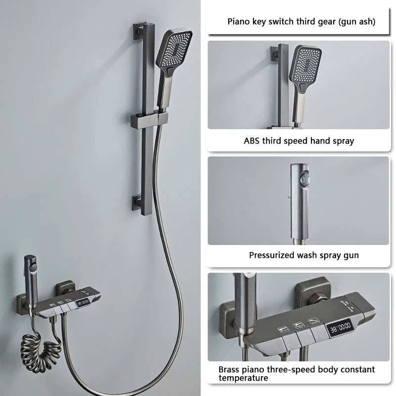 Modern Shower System Full Set Grey 2 Way Piano Keys Bathroom Shower Set Wall Mounted Brass Bathtub Digital Display Shower Faucet