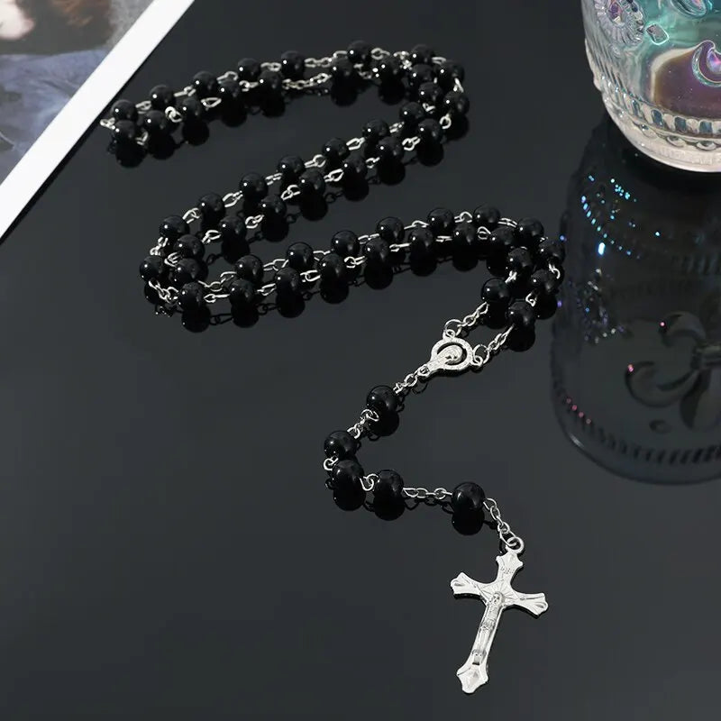 1pcs Handmade Necklace Ladies Imitation Vintage Style Pearl Rosary Beads With Cross Pendant Jewelry
