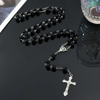 1pcs Handmade Necklace Ladies Imitation Vintage Style Pearl Rosary Beads With Cross Pendant Jewelry