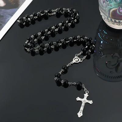 1pcs Handmade Necklace Ladies Imitation Vintage Style Pearl Rosary Beads With Cross Pendant Jewelry