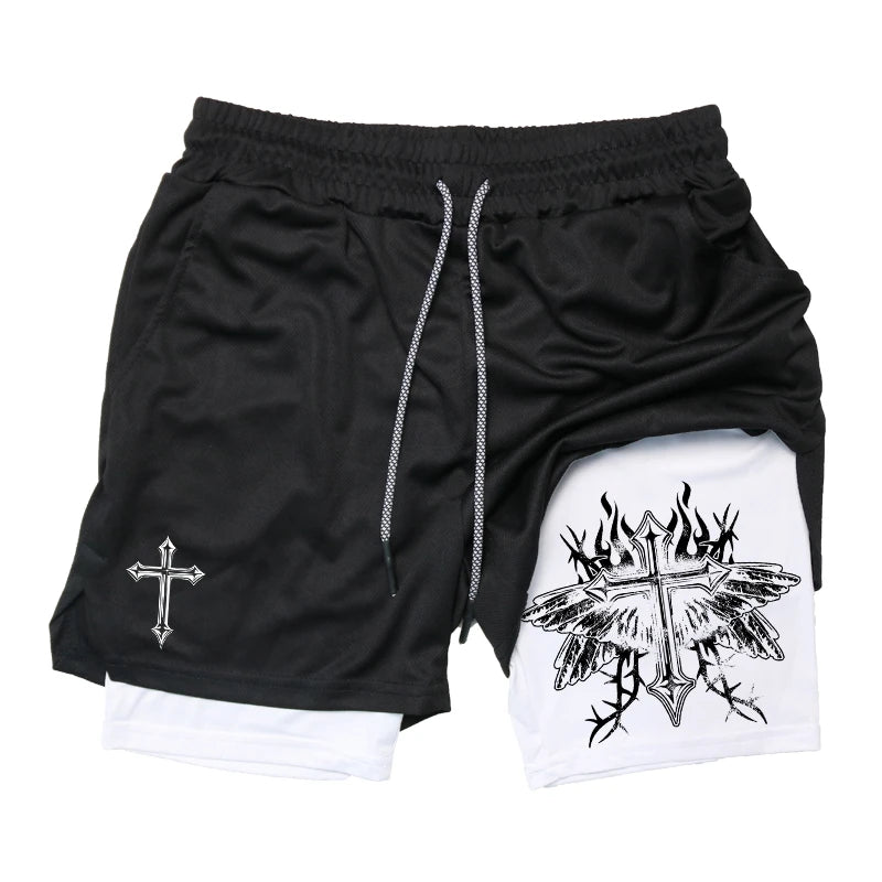 Graphic 2 in 1 Workout Running Shorts for Men Christian Athletic Performance Shorts with Phone Pocket Towel Loop Gym Outfits