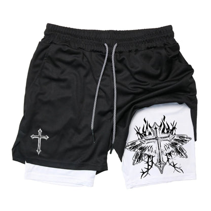 Graphic 2 in 1 Workout Running Shorts for Men Christian Athletic Performance Shorts with Phone Pocket Towel Loop Gym Outfits