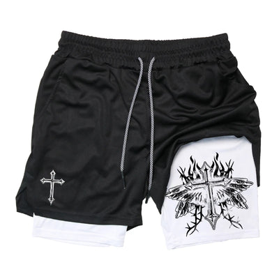 Graphic 2 in 1 Workout Running Shorts for Men Christian Athletic Performance Shorts with Phone Pocket Towel Loop Gym Outfits