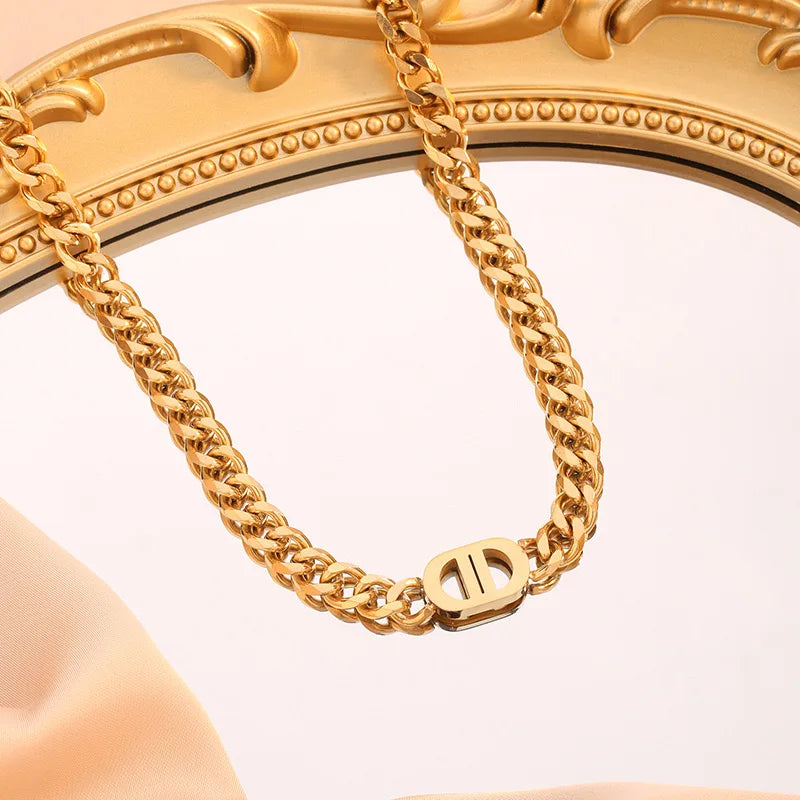 1 Stylish Double D Chain Stainless Steel Necklace and Bracelet Set, Unisex Style, High-end Elegant Party Celebration Accessories