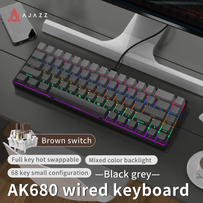 AJAZZ AK680 Gaming Mechanical Keyboard ABS Keycap 68 Keys Wired Wireless Bluetooth Keyboard Hot Swap Custom Gasket for Pc Laptop