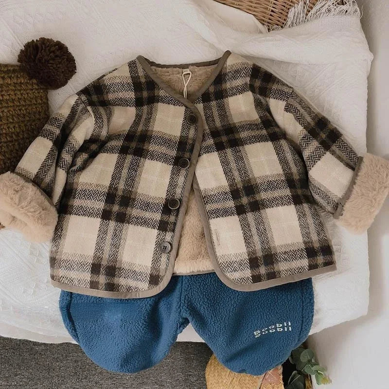 Woolen Plaid Children's Plush Coat Korean Version Autumn and Winter New Boys' and Girls' Coats Loose Baby Cotton Padded Clothes