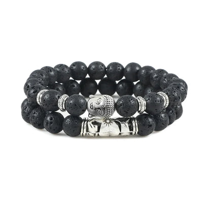 2pcs/set Buddha Head Bracelet for Women Men Natural Tiger Eye Lava Stone Yoga Beads Distance Bracelets Charm Couple Jewelry Gift