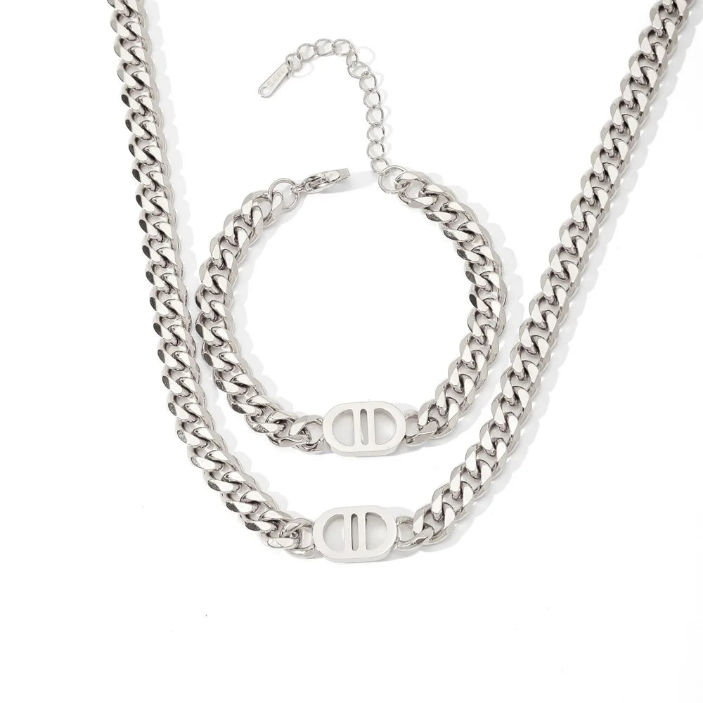 1 Stylish Double D Chain Stainless Steel Necklace and Bracelet Set, Unisex Style, High-end Elegant Party Celebration Accessories