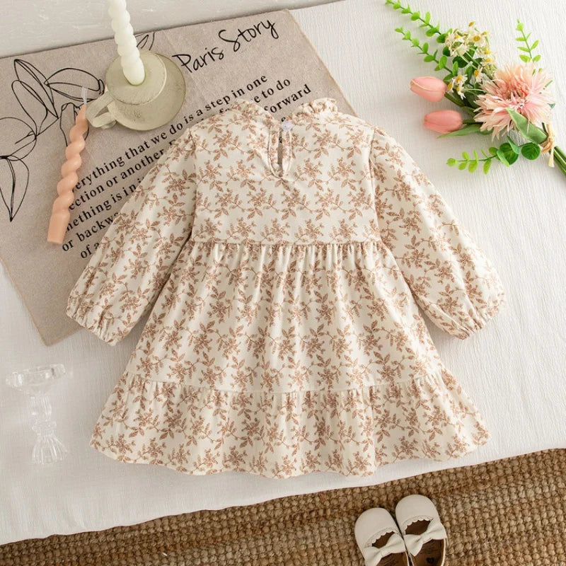 2025 Autumn Spring Newborn Baby Girl Princess Dress Fake Two Piece Long Sleeve Dress with Bow Floral Pattern For 1-3Y