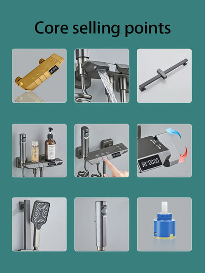 Modern Shower System Full Set Grey 2 Way Piano Keys Bathroom Shower Set Wall Mounted Brass Bathtub Digital Display Shower Faucet