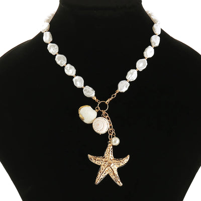 MHS.SUN Summer Shell Starfish Conch Pendant Necklace for Women Bohemian Metal Gold Color Chic Beach Jewelry Vacation Party Gift