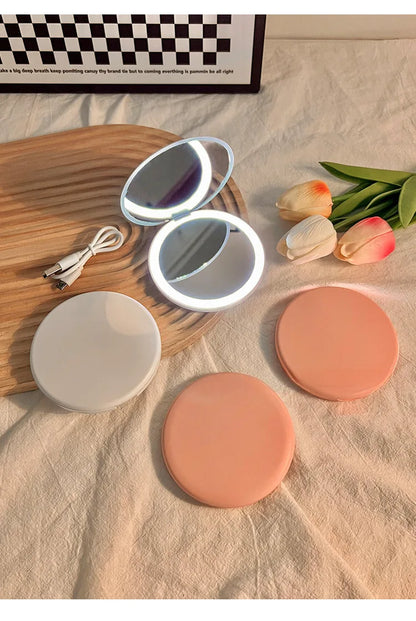 Makeup mirror portable portable small mirror with light led makeup mirror pocket mini handheld luminous folding round mirror