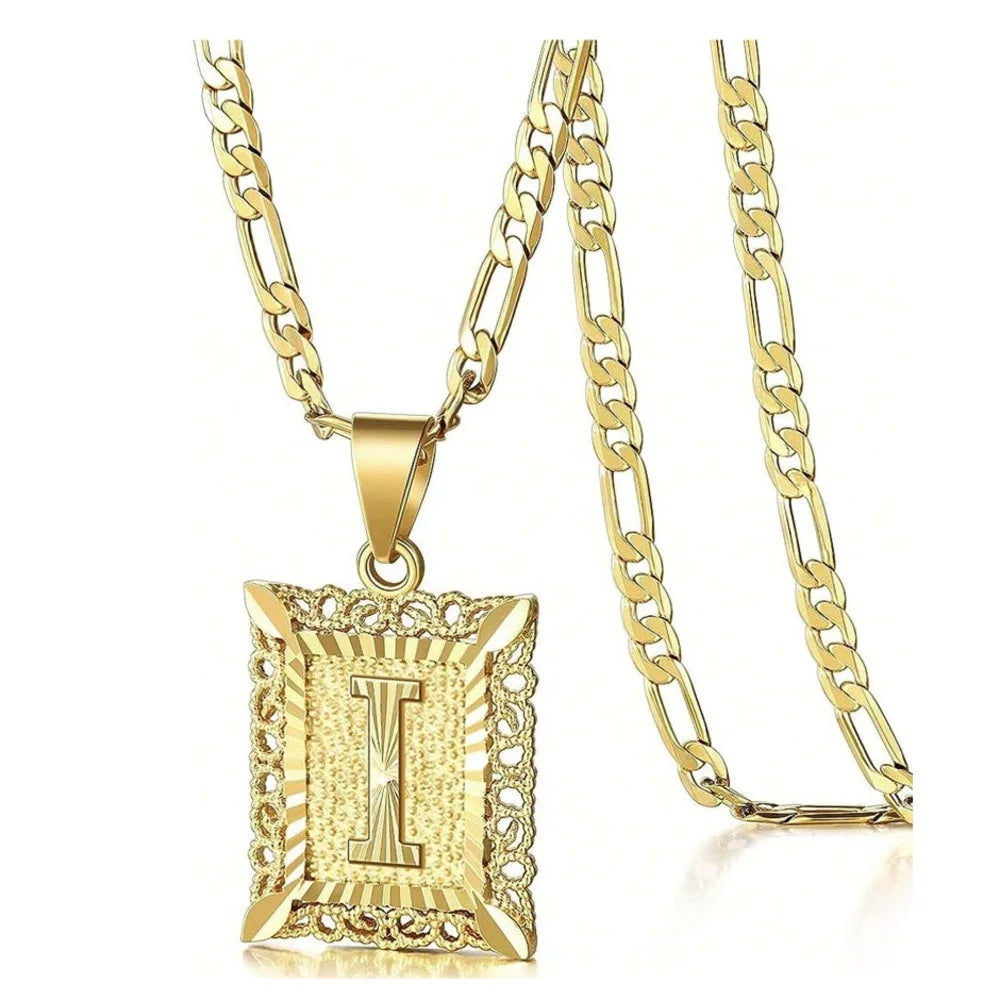 Initial Necklace Square Letter Pendant Necklace Capital Monogram Necklace Alhpabets From A-Z Figaro Chain Necklace