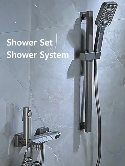 Modern Shower System Full Set Grey 2 Way Piano Keys Bathroom Shower Set Wall Mounted Brass Bathtub Digital Display Shower Faucet