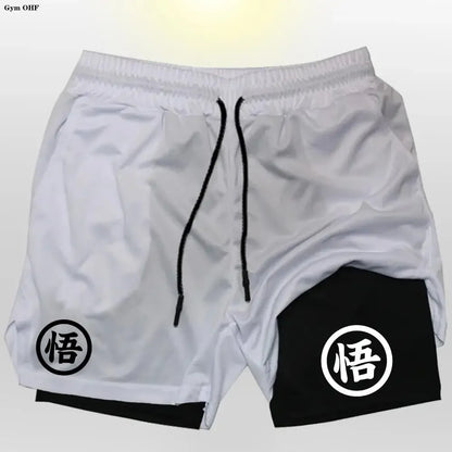 Goku Anime Running Shorts Men Fitness Gym Training 2 in 1 Sports Shorts Quick Dry Workout Jogging Double Deck Shorts