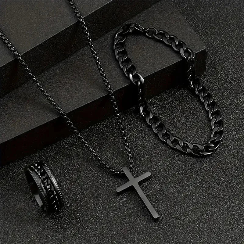Men's 3pcs Fashion Alloy Jewelry Set - Cross Pendant Necklace, Bracelet & Ring Combo