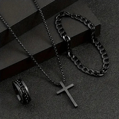Men's 3pcs Fashion Alloy Jewelry Set - Cross Pendant Necklace, Bracelet & Ring Combo