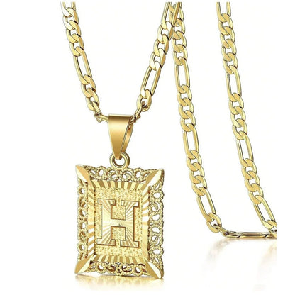 Initial Necklace Square Letter Pendant Necklace Capital Monogram Necklace Alhpabets From A-Z Figaro Chain Necklace