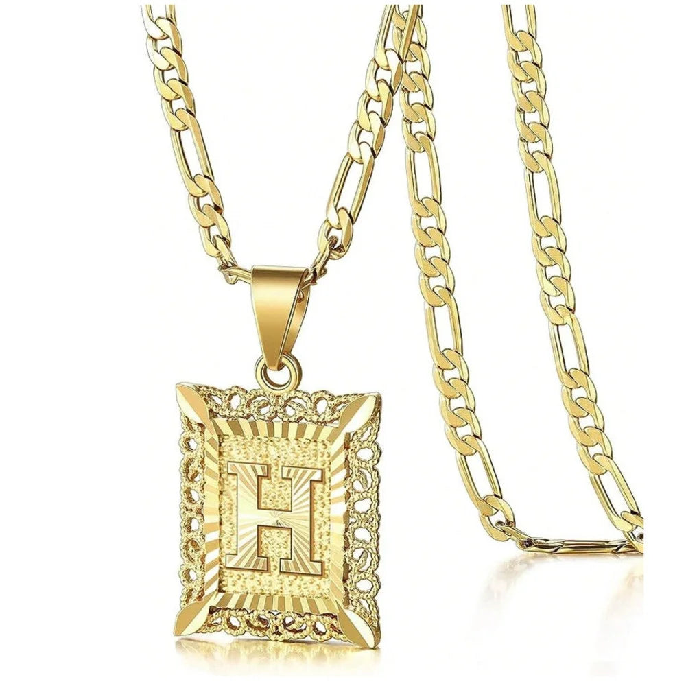 Initial Necklace Square Letter Pendant Necklace Capital Monogram Necklace Alhpabets From A-Z Figaro Chain Necklace