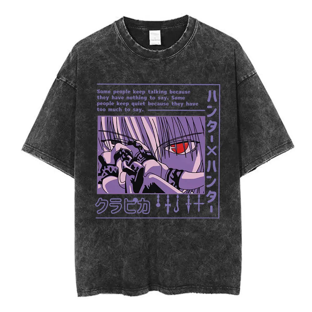 Anime Hunter X Hunter Logo Vintage Washed T Shirt Killua Gon Cherry Blossom Graphic T-shirt Men Fashion Casual Oversized Tshirt