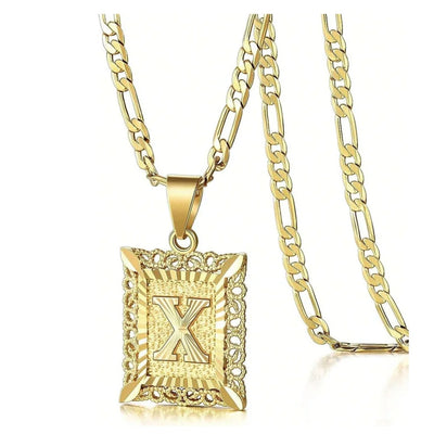 Initial Necklace Square Letter Pendant Necklace Capital Monogram Necklace Alhpabets From A-Z Figaro Chain Necklace