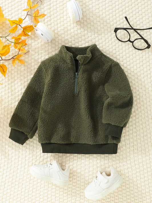 The Military Green Plush Sweatshirt For Baby Boys In Autumn And Winter Is Warm Soft Casual And Comfortable
