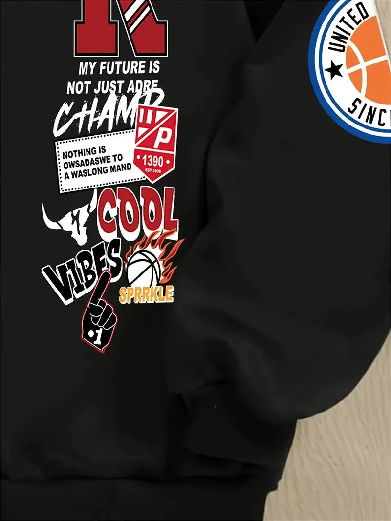 The new men's round-neck hoodie for Spring and Autumn 2025 features a street casual and fashionable 3D letter pattern print