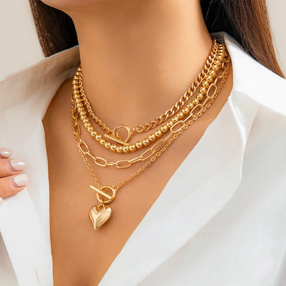 4Pcs/Set Punk Gold Color Heart Pendant Necklace for Women 2024 Trendy OT Buckle Beaded Neck Chain Choker Y2K Jewelry Accessories