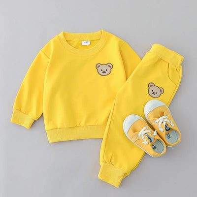 2PCS Spring and Autumn Baby Children's Long sleeved Simple Solid Color Polyester Little Bear Embroidered Hoodie Set of Two