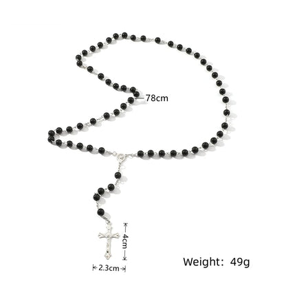 1pcs Handmade Necklace Ladies Imitation Vintage Style Pearl Rosary Beads With Cross Pendant Jewelry