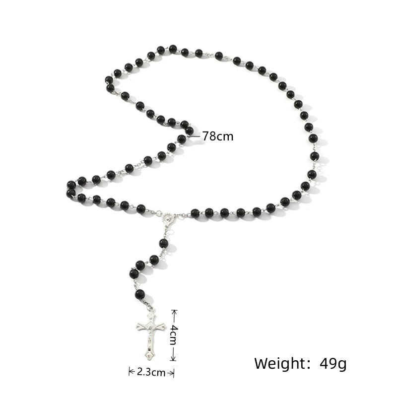 1pcs Handmade Necklace Ladies Imitation Vintage Style Pearl Rosary Beads With Cross Pendant Jewelry