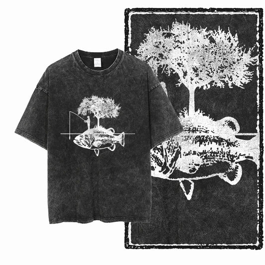 YB FISHING THEME Printed Cotton Acid Washed Exclusive Graphic Unisex T Shirt Cool Streetwear Men Tshirts Big Size Tee for men