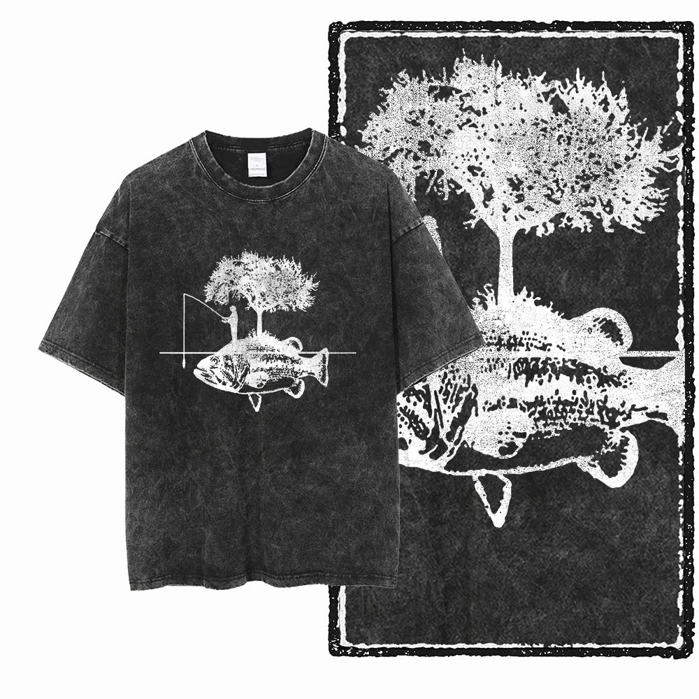 YB FISHING THEME Printed Cotton Acid Washed Exclusive Graphic Unisex T Shirt Cool Streetwear Men Tshirts Big Size Tee for men