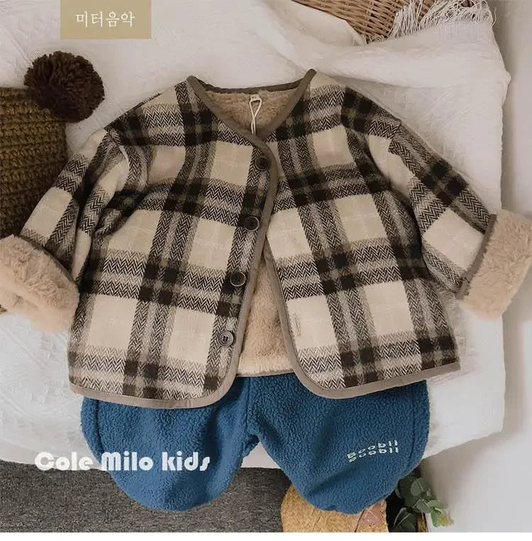 Woolen Plaid Children's Plush Coat Korean Version Autumn and Winter New Boys' and Girls' Coats Loose Baby Cotton Padded Clothes