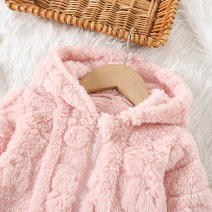 Baby Girl Princess Pink Fleece Jacket With Love Pattern Toddler Child Warm Coat Hooded Outwear Winter Baby Clothes