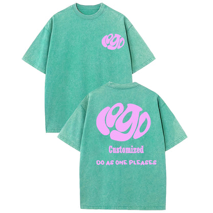 Customized logo T-shirt, handmade image oversized T-shirt, heavy washed retro T-shirt, hip-hop style casual wear, 100% pure cott