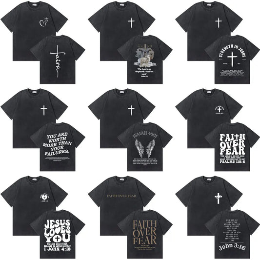 Washed Vintage Christian Jesus Bible Verse Graphic T-shirts Men Women Fashion Casual Oversized Short Sleeve T Shirt Streetwear