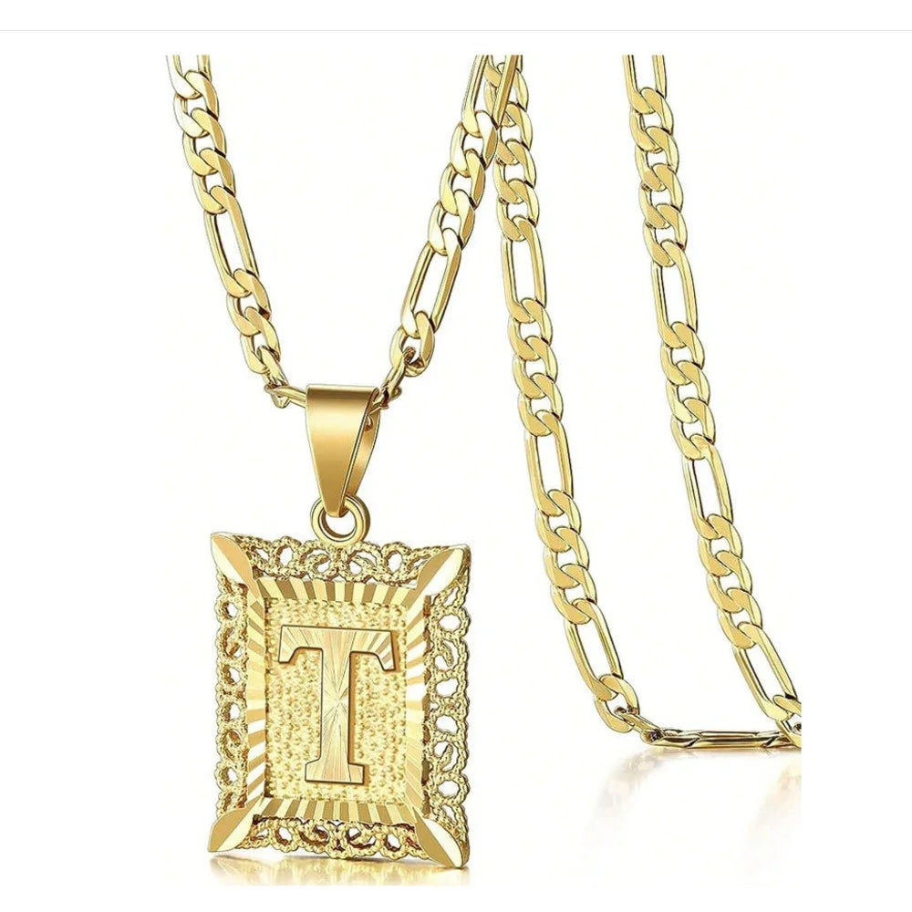Initial Necklace Square Letter Pendant Necklace Capital Monogram Necklace Alhpabets From A-Z Figaro Chain Necklace