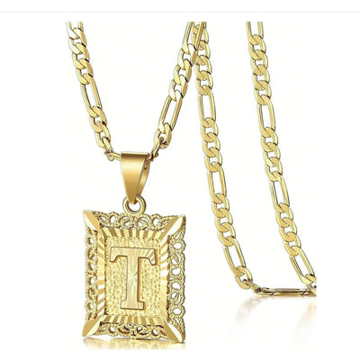 Initial Necklace Square Letter Pendant Necklace Capital Monogram Necklace Alhpabets From A-Z Figaro Chain Necklace