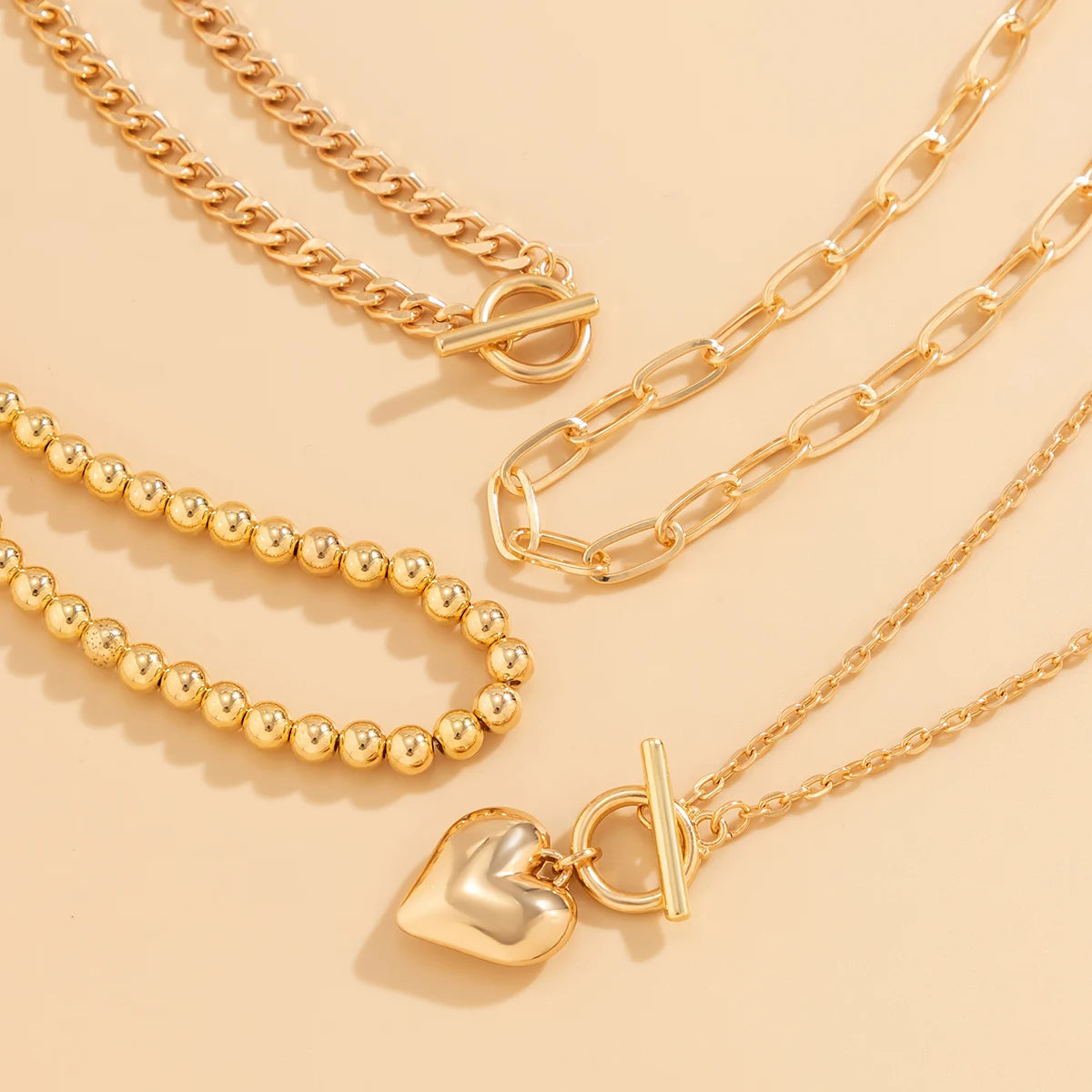 4Pcs/Set Punk Gold Color Heart Pendant Necklace for Women 2024 Trendy OT Buckle Beaded Neck Chain Choker Y2K Jewelry Accessories