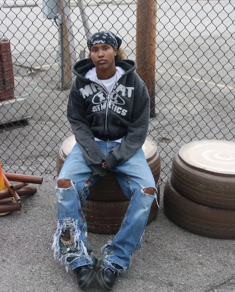 Gothic New Fashion Oversized Letter Embroidered Patch Zipper Hoodie Men Y2K Harajuku Vintage Hip Hop Casual Couple Sweatshirt