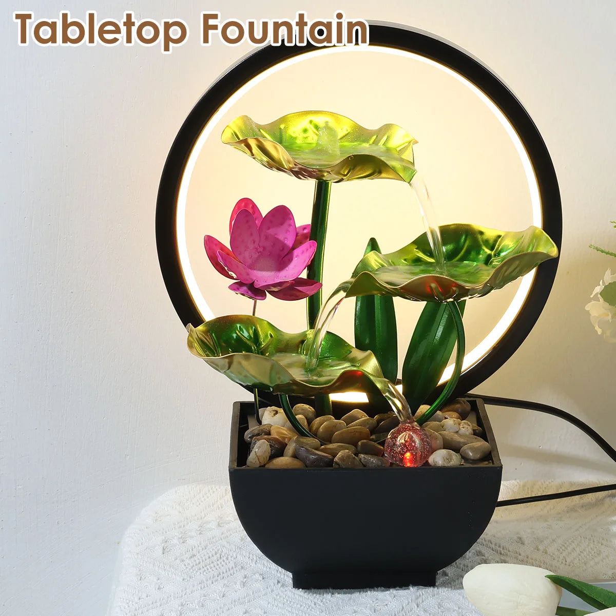 Tabletop Water Fountain USB Powered Relaxation Desktop Waterfall Fountain With Natural Rocks And LED Ring Lights For Home Decor