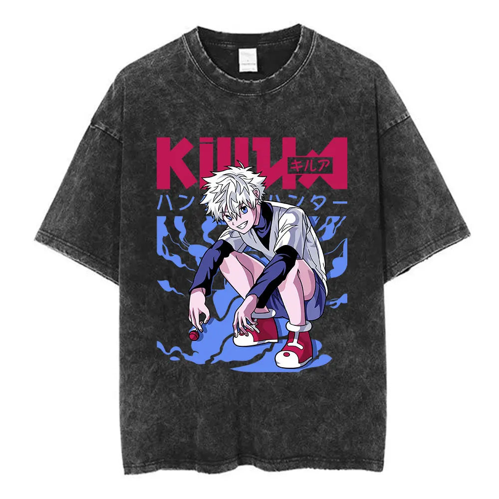 Anime Hunter X Hunter Logo Vintage Washed T Shirt Killua Gon Cherry Blossom Graphic T-shirt Men Fashion Casual Oversized Tshirt