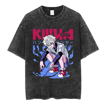 Anime Hunter X Hunter Logo Vintage Washed T Shirt Killua Gon Cherry Blossom Graphic T-shirt Men Fashion Casual Oversized Tshirt